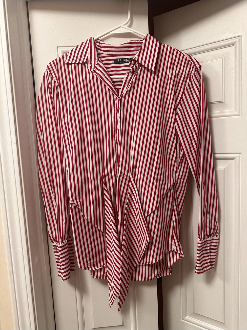 Ralph Lauren Red and White Striped Tie-Front Button Down Shirt